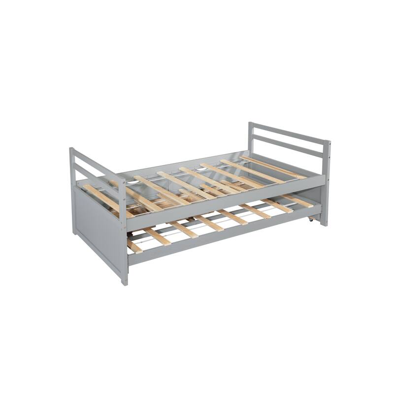 Roomfitters Twin Bed Frame with Headboard and Footboard, Pull-Out Trundle and Underbed Storage, Pine Wood Platform Bed