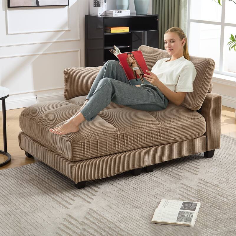 Oversized Corduroy Upholstered Single Chaise Lounge Sofa Couch Switchable Armrest with Cup Holders, USB Ports and Pockets