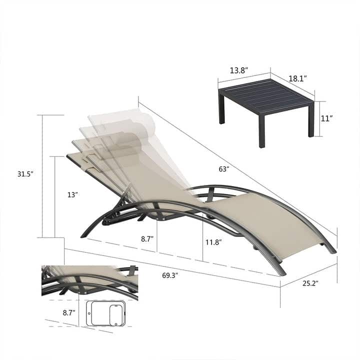 PURPLE LEAF Patio Chaise Lounge Set Outdoor Beach Pool Sunbathing Lawn Outside Chairs with Side Table Included