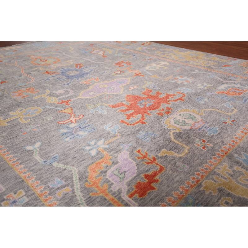 All-Over Gray Floral Oushak Indian Area Rug Hand-Knotted Wool Carpet - 7'10"x 9'8"