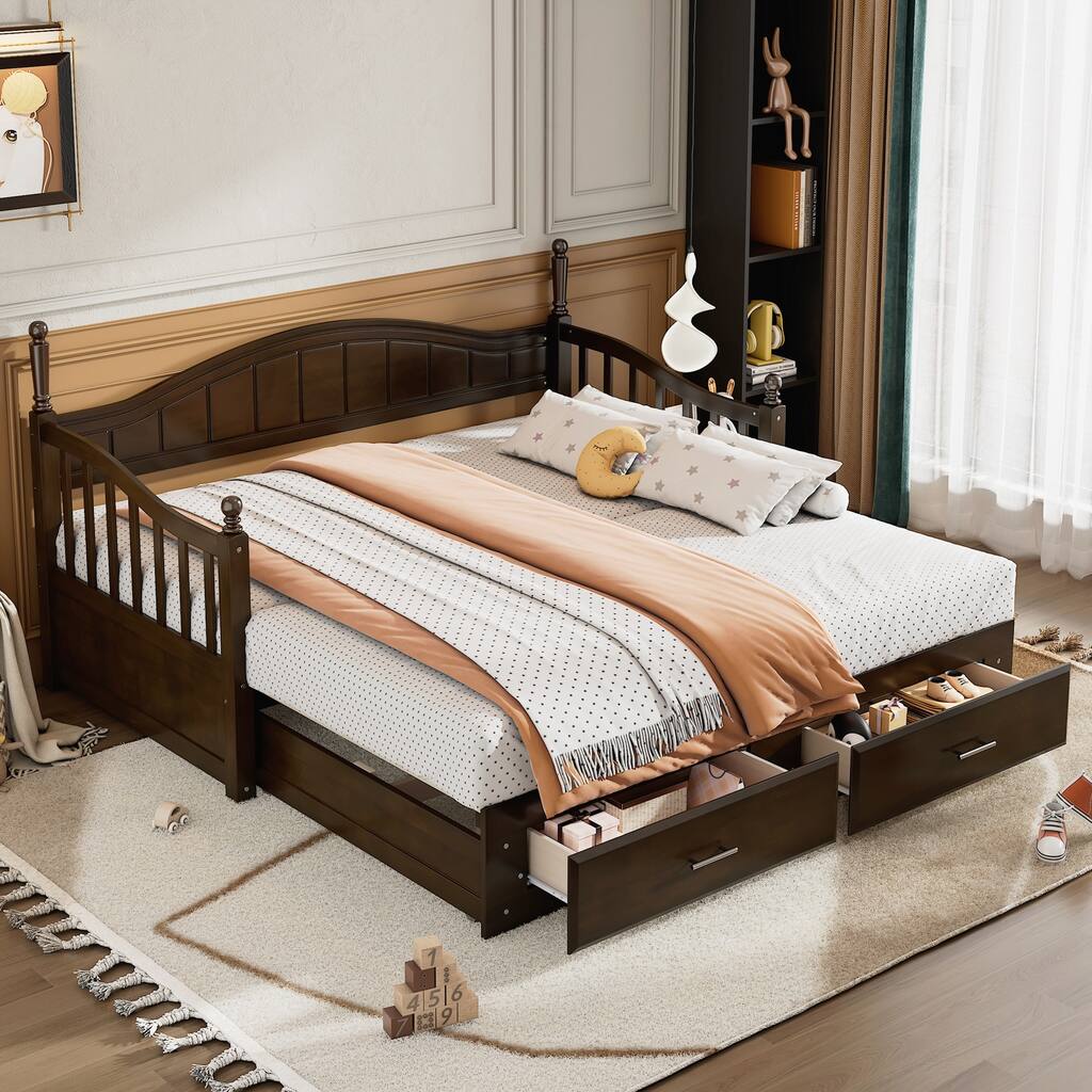 Wooden Twin Size Daybed with Twin Size Trundle, Extendable Daybed with Two Storage Drawers
