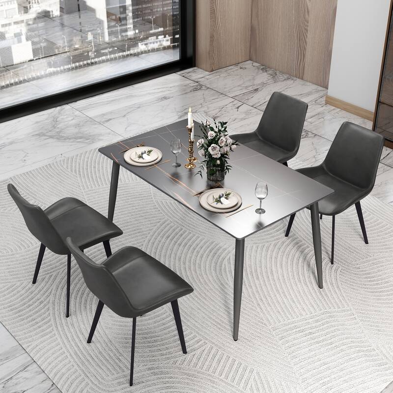 55" Rectangular White Kitchen Dining Room Table with Marble Tabletop and Metal Legs for 4 People - Black
