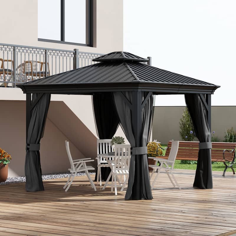 Outsunny 10' x 10' Hardtop Gazebo with Curtains and Netting, Permanent Pavilion Metal Double Roof Gazebo Canopy with Aluminum - Light Grey