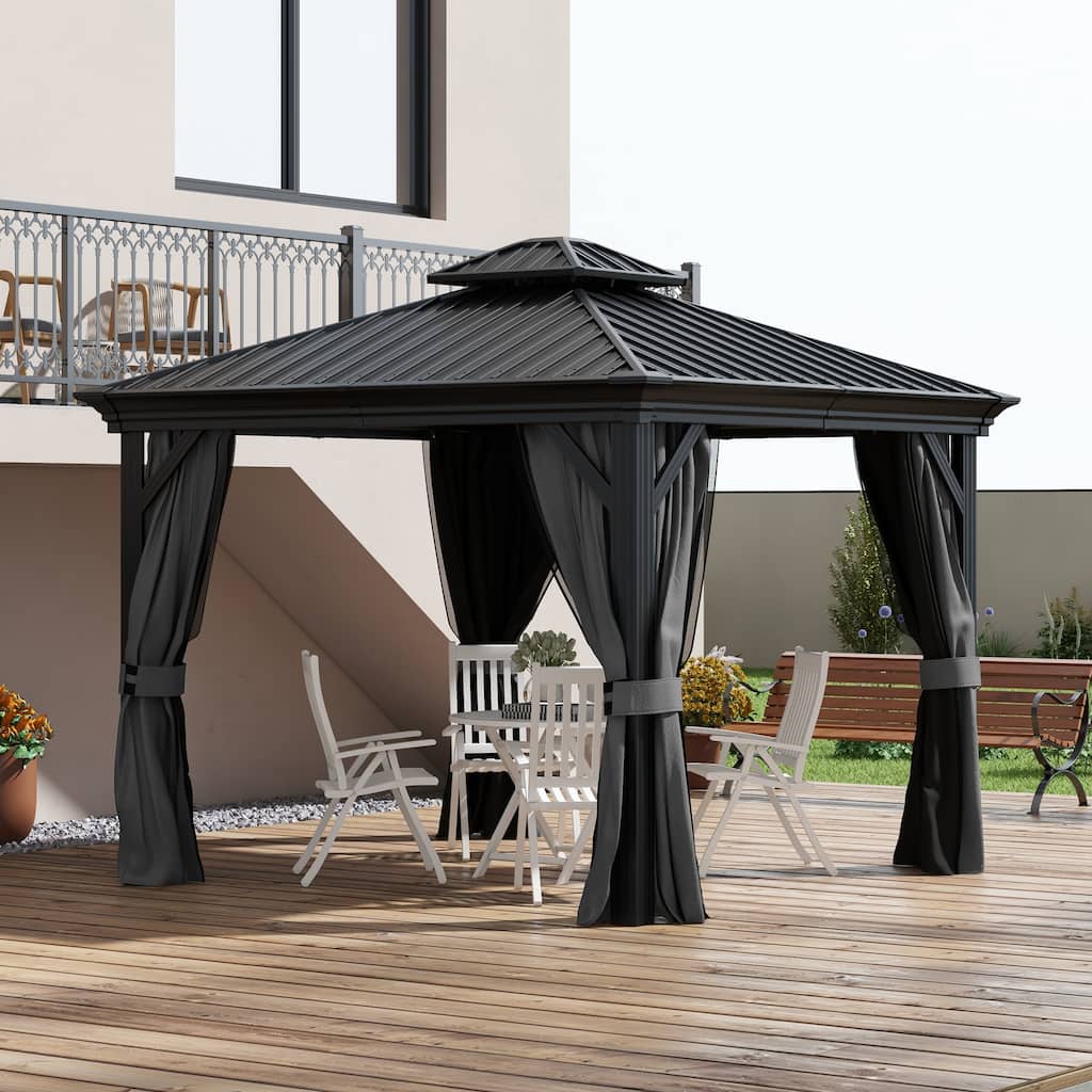 Outsunny 10' x 10' Hardtop Gazebo with Curtains and Netting, Permanent Pavilion Metal Double Roof Gazebo Canopy with Aluminum