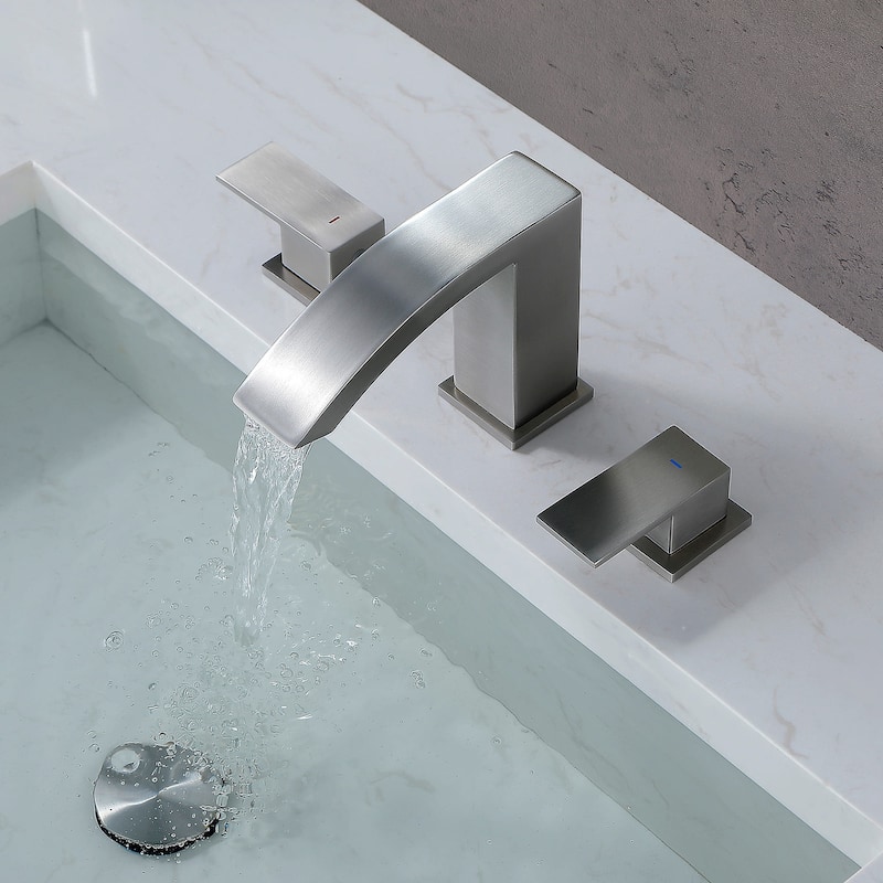 Widespread Bathroom Sink Faucet With Drain Assembly 3 Holes 8 Inch Waterfall Bathroom Faucet Two Handle Modern Basin Vanity Tap