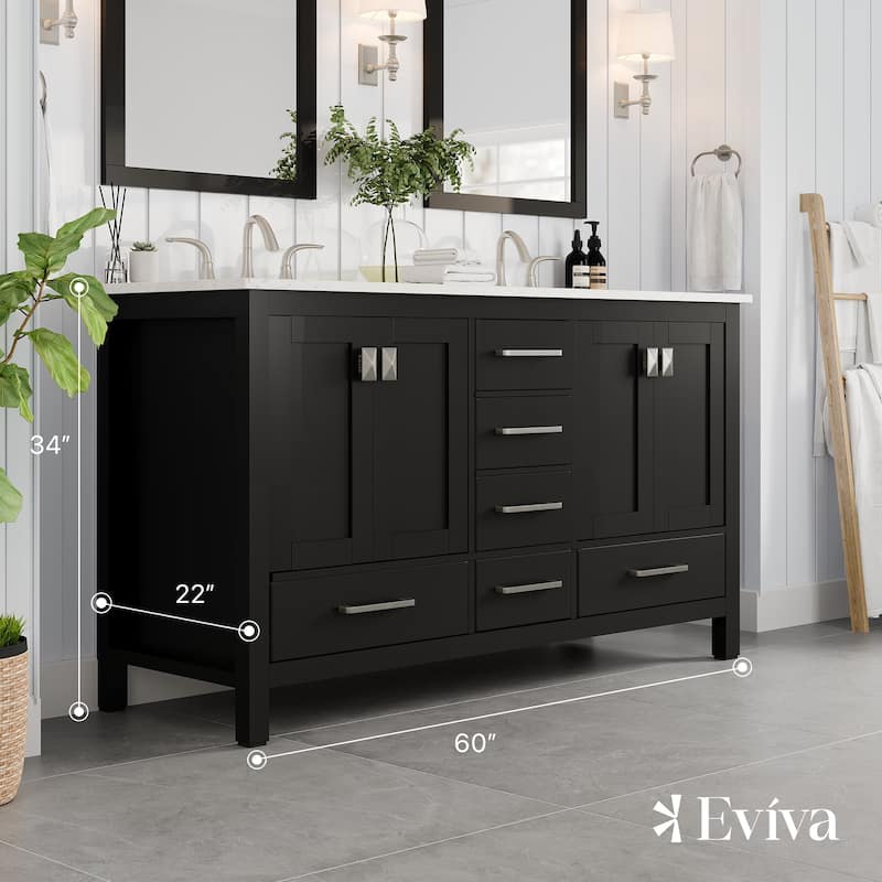 Eviva Aberdeen 60"W x 22"D Espresso Double Sink Bathroom Vanity with White Carrara Quartz Countertop