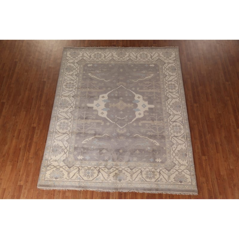 Gray & Ivory Oushak Indian Area Rug Hand-Knotted Wool Carpet - 8'0"x 9'8"