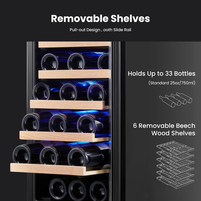 15 Inch Wine/Beverage Cooler 33 Bottles Built-in/Freestanding Wine Rack