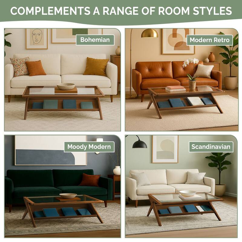 Roomfitters 45-Inch Mid-Century Coffee Table, Morocco Brown Solid Wood Frame with Tempered Glass Top and Angled Display Shelf