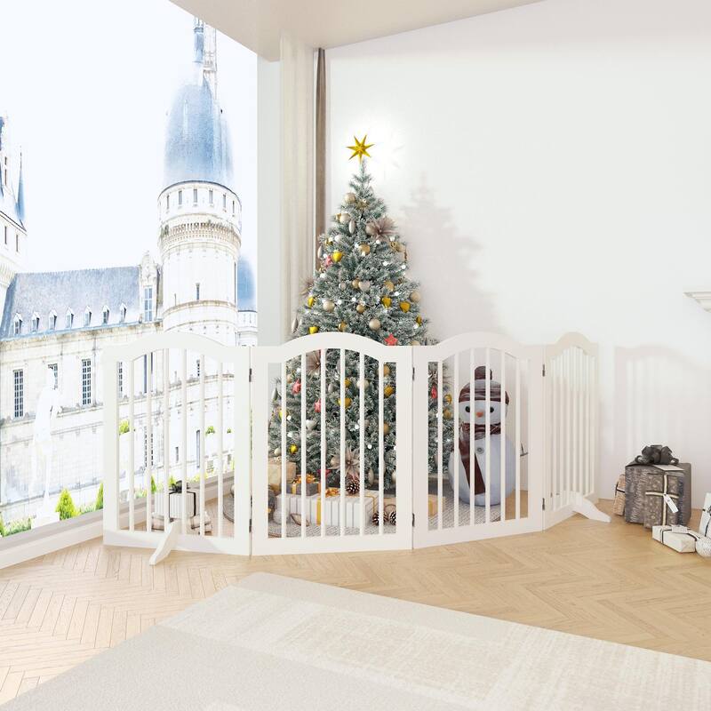 27.6"Height White Wooden 4-Panel Pet Gate Freestanding Foldable Playpen for Dogs Cats - 80”L x 0.70”W x 27.56”H