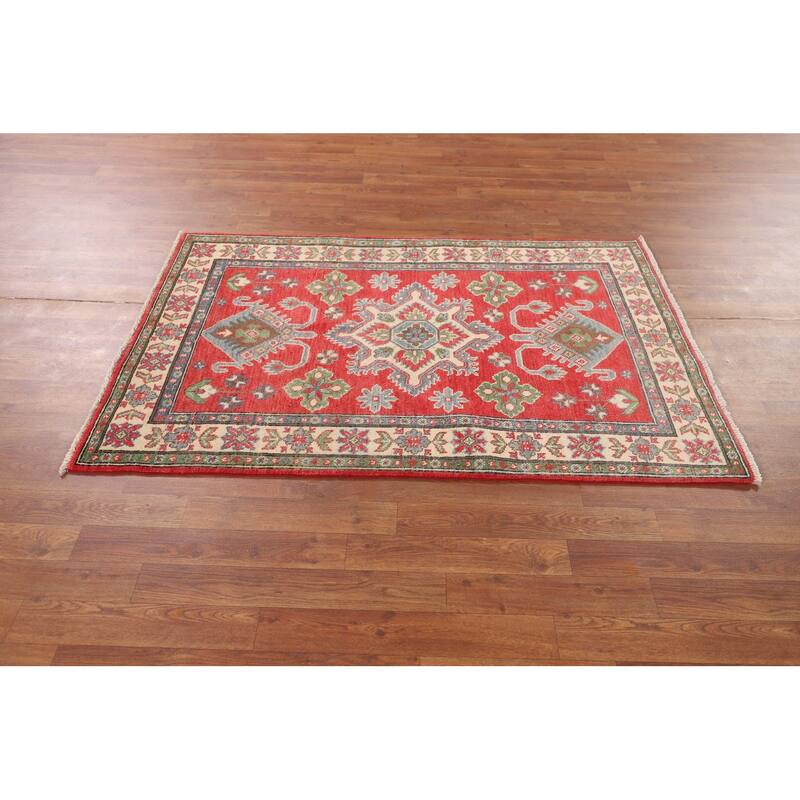 Geometric Orange Kazak Rug Hand-Knotted Wool Carpet - 3'4" x 5'0"