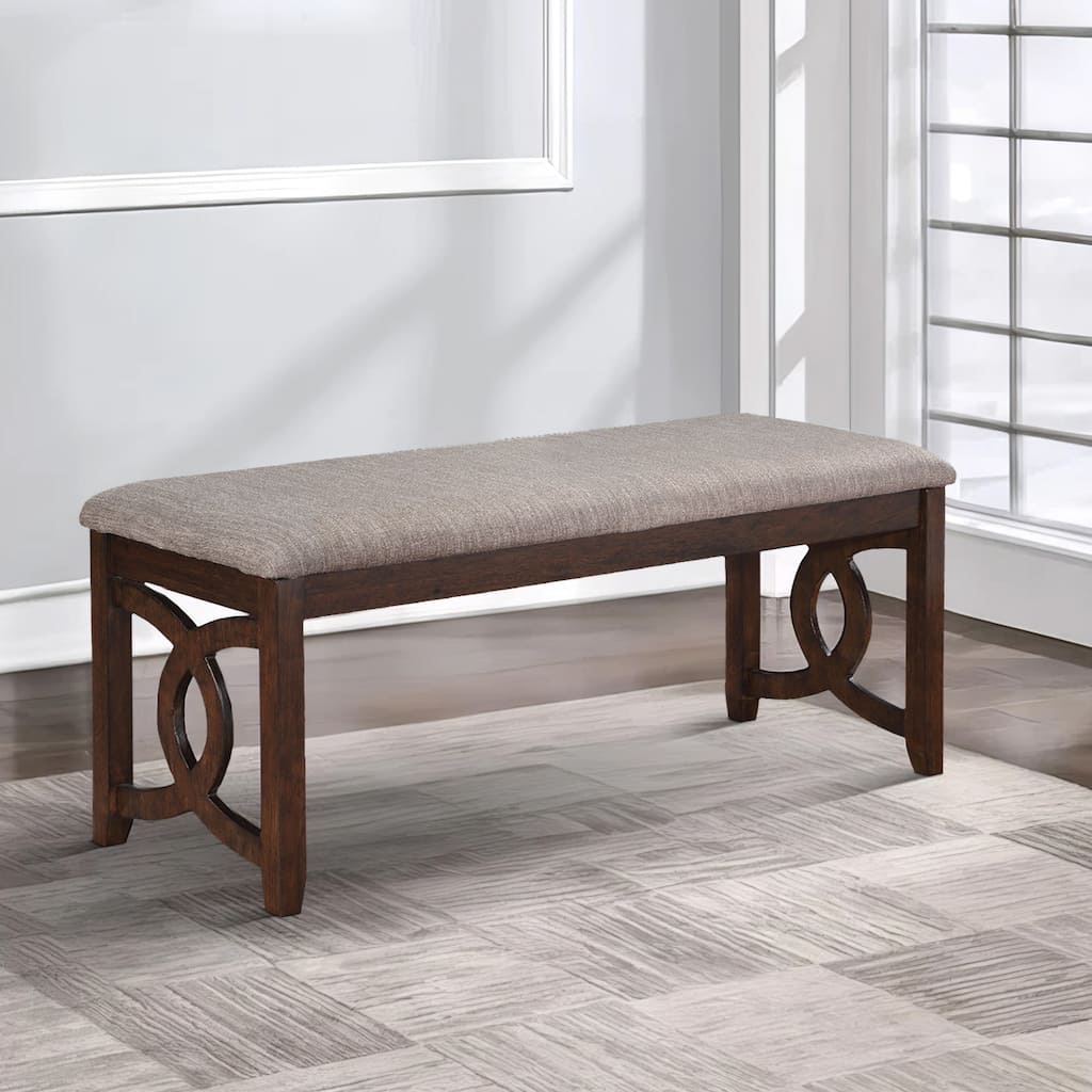 Gary 46 Inch Wood Bench with Fabric Seat, Cherry Brown