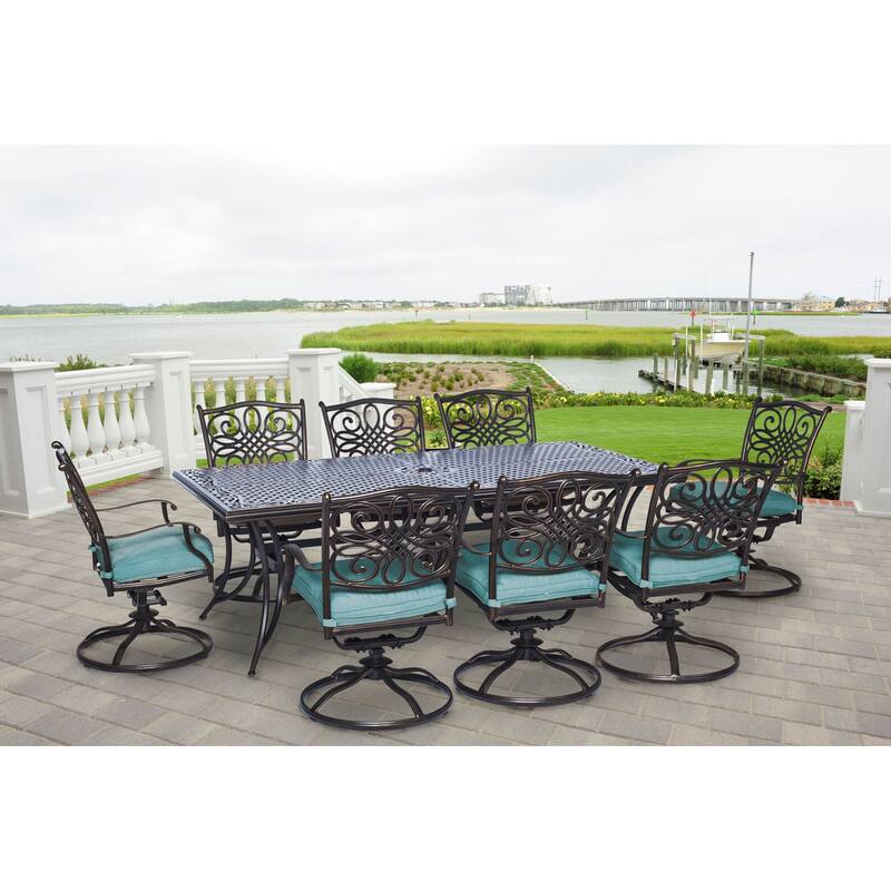 Hanover Outdoor Traditions 9-Piece Dining Set with Eight Swivel Dining Chairs and a Large 84 x 42 in. Dining Table