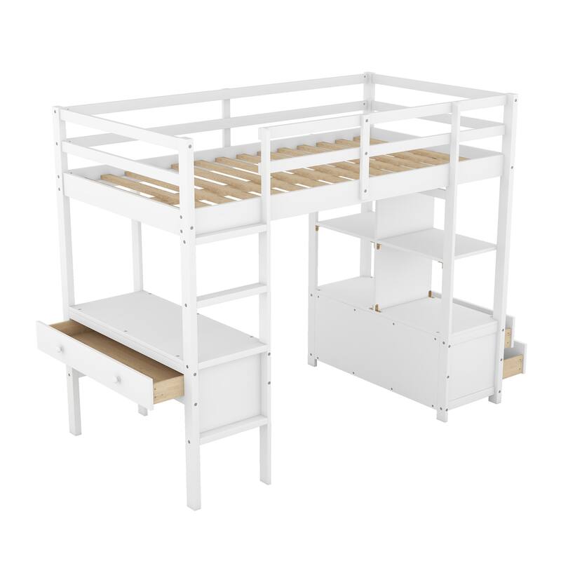 Twin Size Kids Loft Bed with Desk, Storage, Ladder & Safety Guardrail