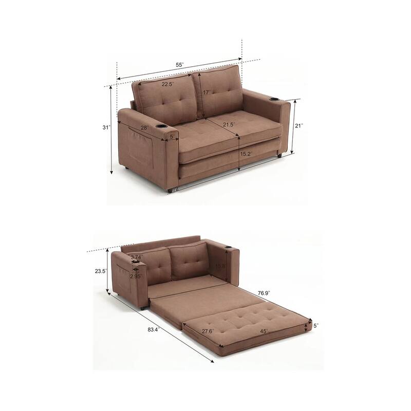 Folding Sofa Bed with Two Storage Pockets, Linen Convertible Foldable Couch Bed