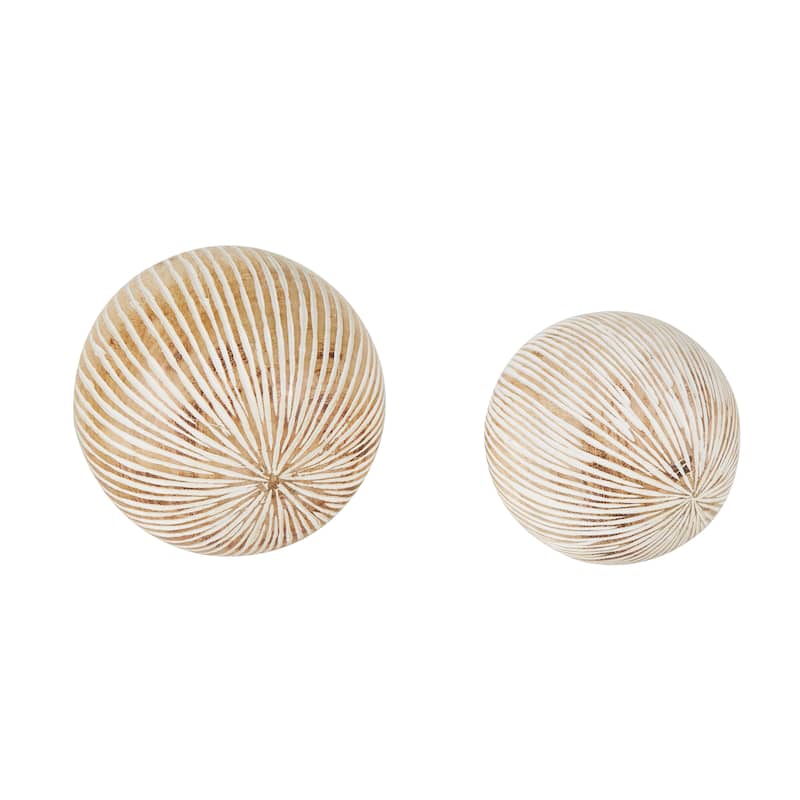 Cream Mango Wood Handmade Decorative Ball Orbs & Vase Filler with Carved Lines or Tribal Patterns (Set of 2)