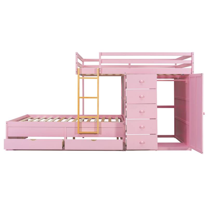 Full Size Bunk Bed with Storage - 2 Large & 5 Small Drawers, Small Wardrobe, MDF & Solid Wood