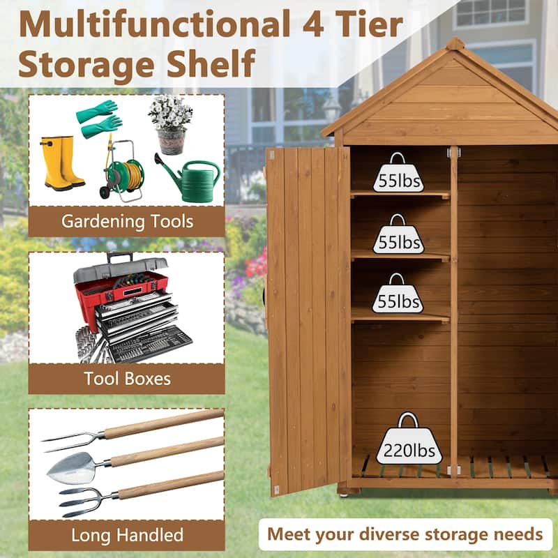 Outdoor Storage Cabinet with Removable Shelves, Wooden Closet Garden Tool Shed with Adjustable Feet, Waterproof Roof - Yellow Brown