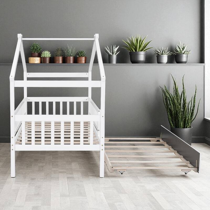 Twin Size Wooden House Bed with Trundle, Roof Design Platform Frame with Headboard for Kids, No Box Spring Needed