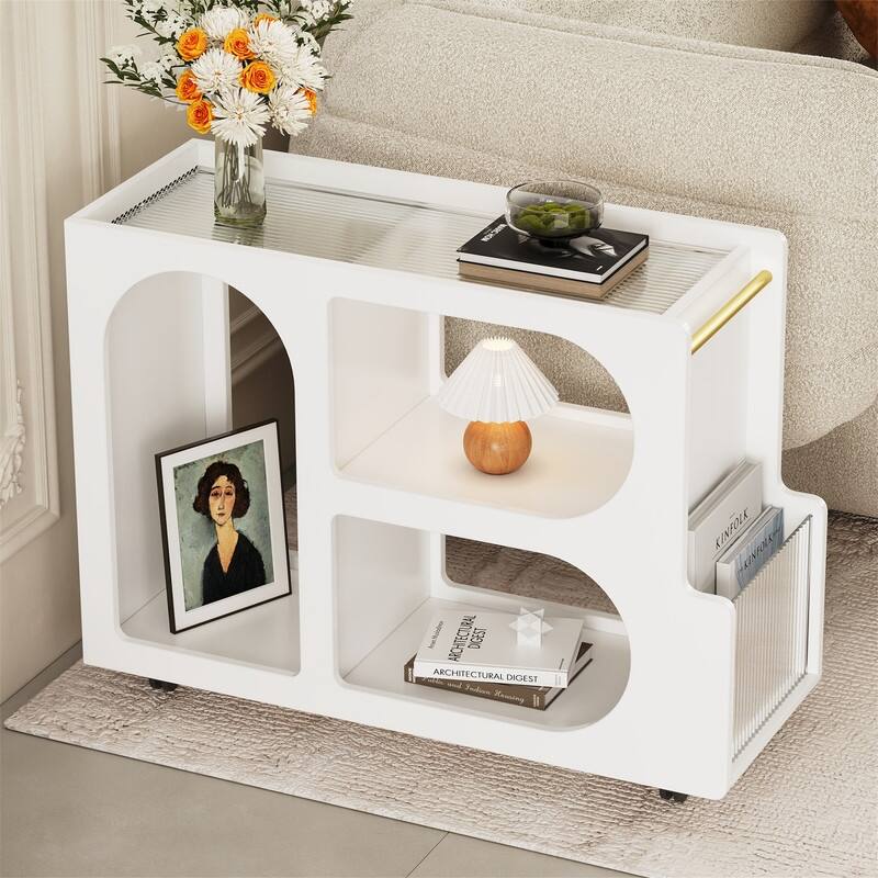 Mobile End Table with Thick Fluted Tempered Glass, Narrow Side Table with Lockable Wheels and Open Storage Compartments - White