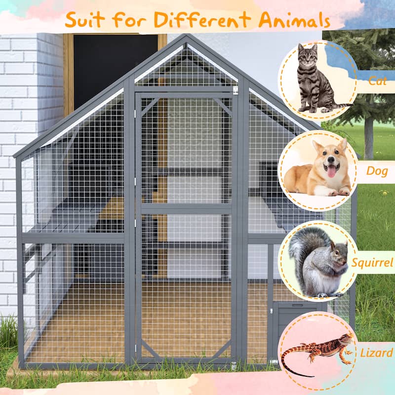 Extra Spacious Outdoor Catio - 110" Luxury Cat Haven with Roof, Ramp, Pod Bed & Lounging Huts