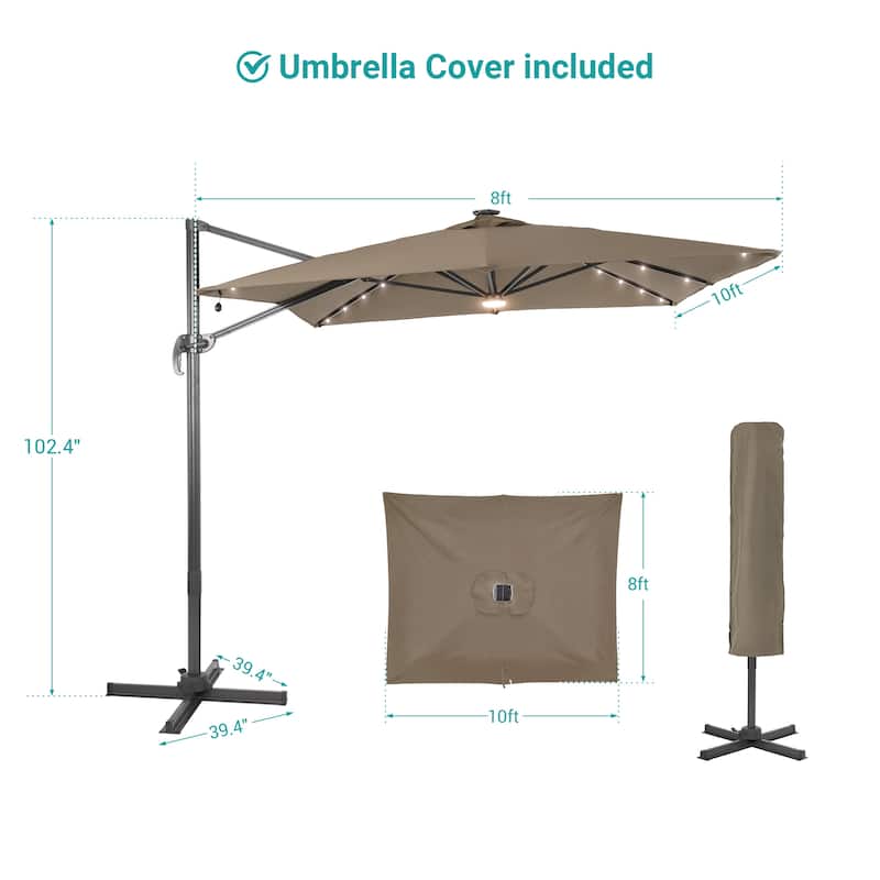 BONOSUKI 10x8FT LED Cantilever Patio Umbrella 360 Rotation and Canopy