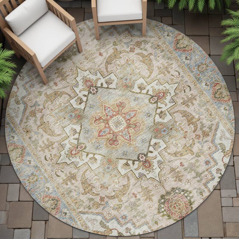 Machine Washable Indoor/Outdoor Traditional Vintage Chantille Rug - Beige - 8' x 8'