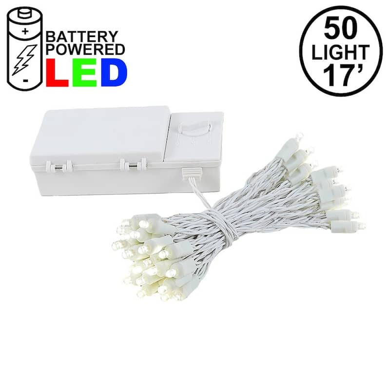 50 Light LED Battery Christmas Mini Light Set, White Wire, 18' Long