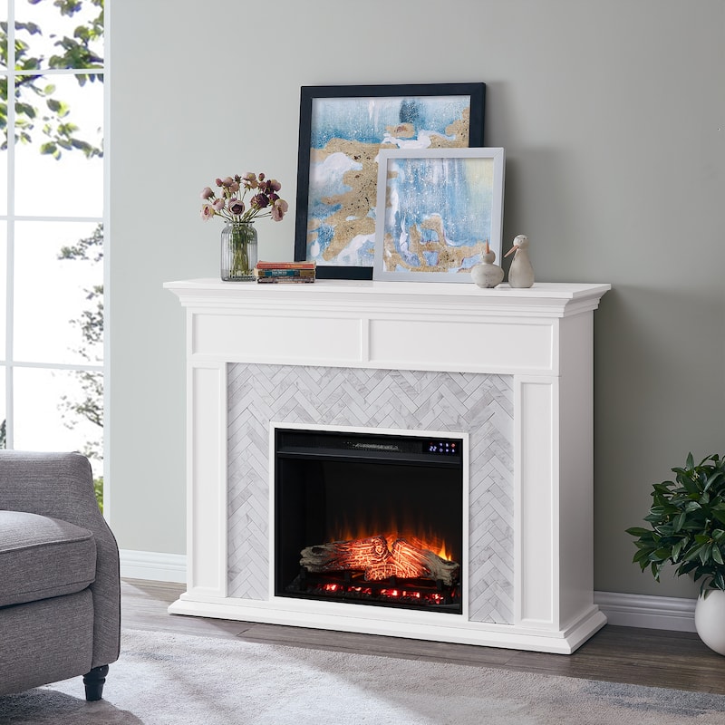 SEI Furniture Torton Contemporary Electric Fireplace with Chevron Marble Tiled Mantel - Mirrored Reflector Firebox w/ White Mantel