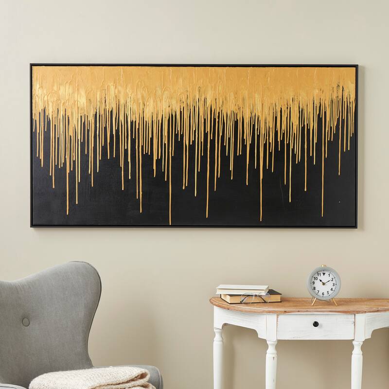 Gold Canvas Melting Drip Abstract Framed Wall Art with Black Frame - 59"W, 30"H