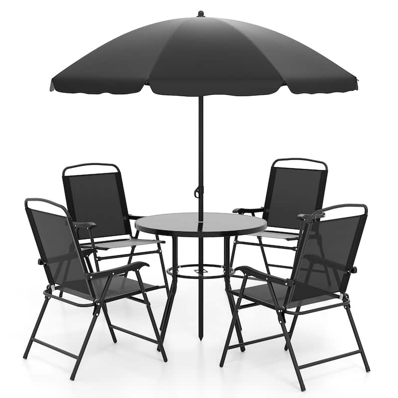 Black 6 Piece Outdoor Patio Dining Set with Round Glass Table and Folding Chairs Included Umbrella - 31.5" x 28" (Dia x H)