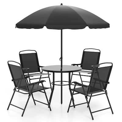 Black 6 Piece Outdoor Patio Dining Set with Round Glass Table and Folding Chairs Included Umbrella - 31.5" x 28" (Dia x H)