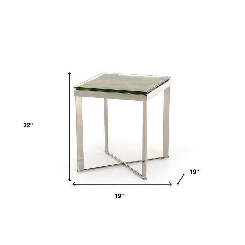HomeRoots 22" Silver and Brown Reclaimed Wood Glass and Steel Square End Table - 29