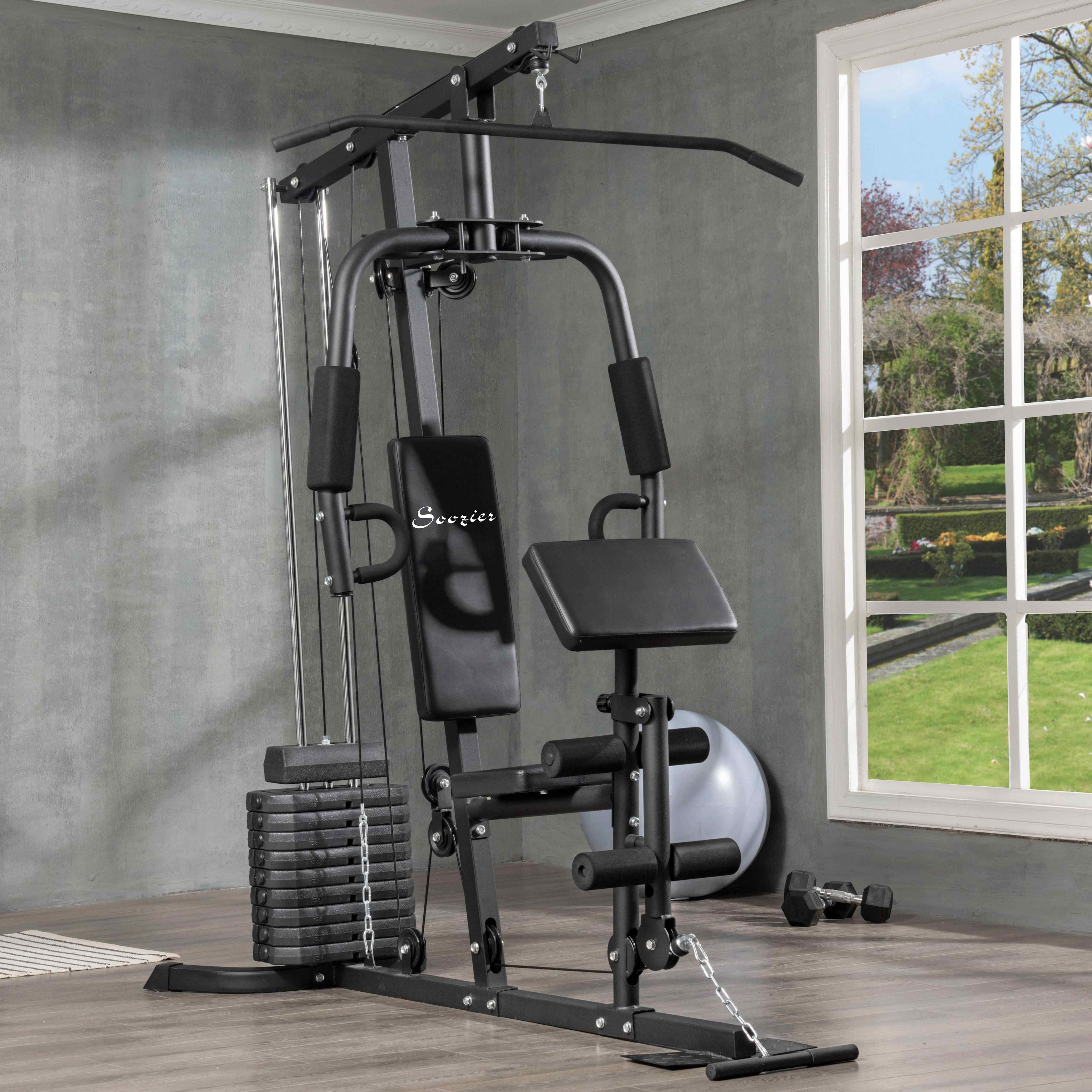 Soozier Home Gym Multifunction Workout Station with 100Lbs Weight Stack for Lat Pulldown Leg Extensions Preacher Bicep Curls Black