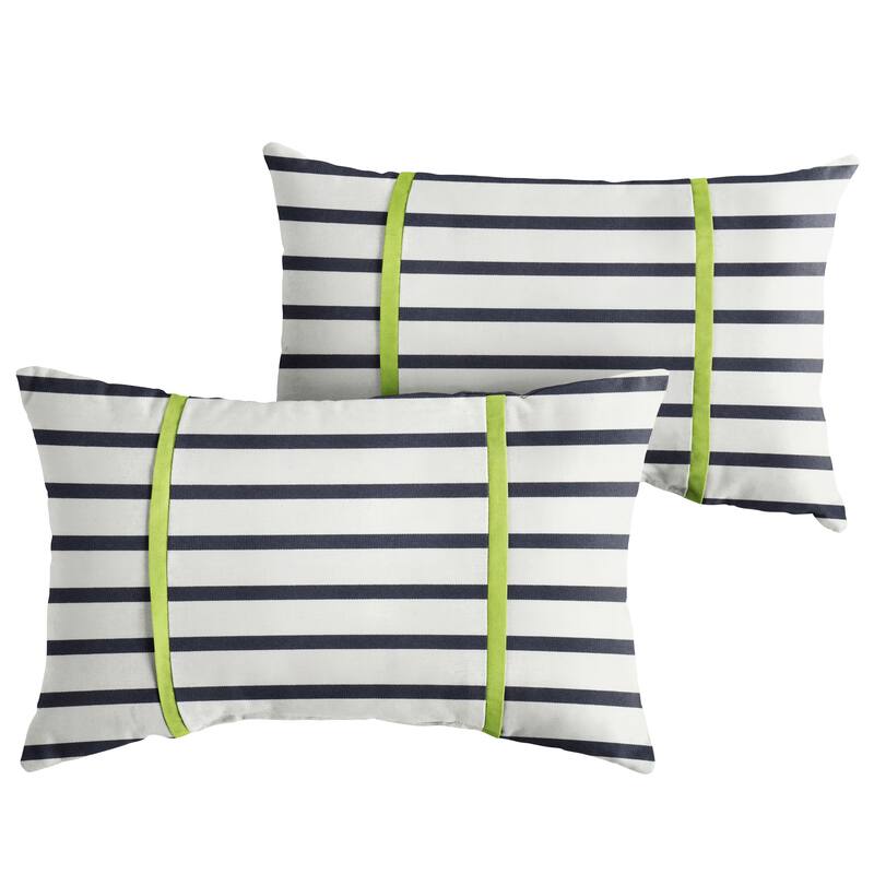 Sunbrella Indigo Stripe with Macaw Green Piping Indoor/Outdoor Lumbar Pillow (Set of 2)