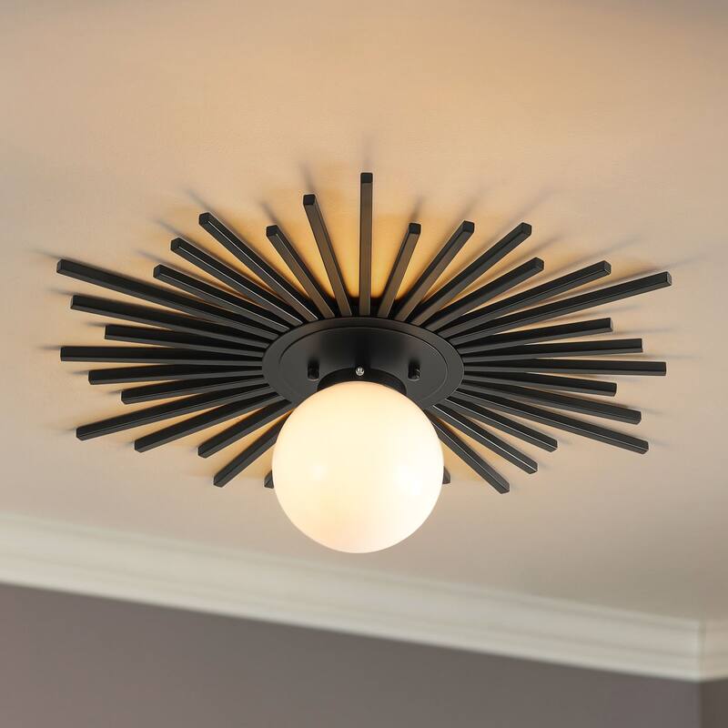 23.6" 1-Light Mid-Century Modern Luxury Raidant Sunburst Gold/Black Semi-Flush Mount Ceiling Light with Opal Glass Globe Shade