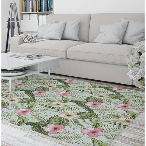 GREEN TROPICAL LEAVES and PINK HIBISCUS Area Rug by Kavka Designs
