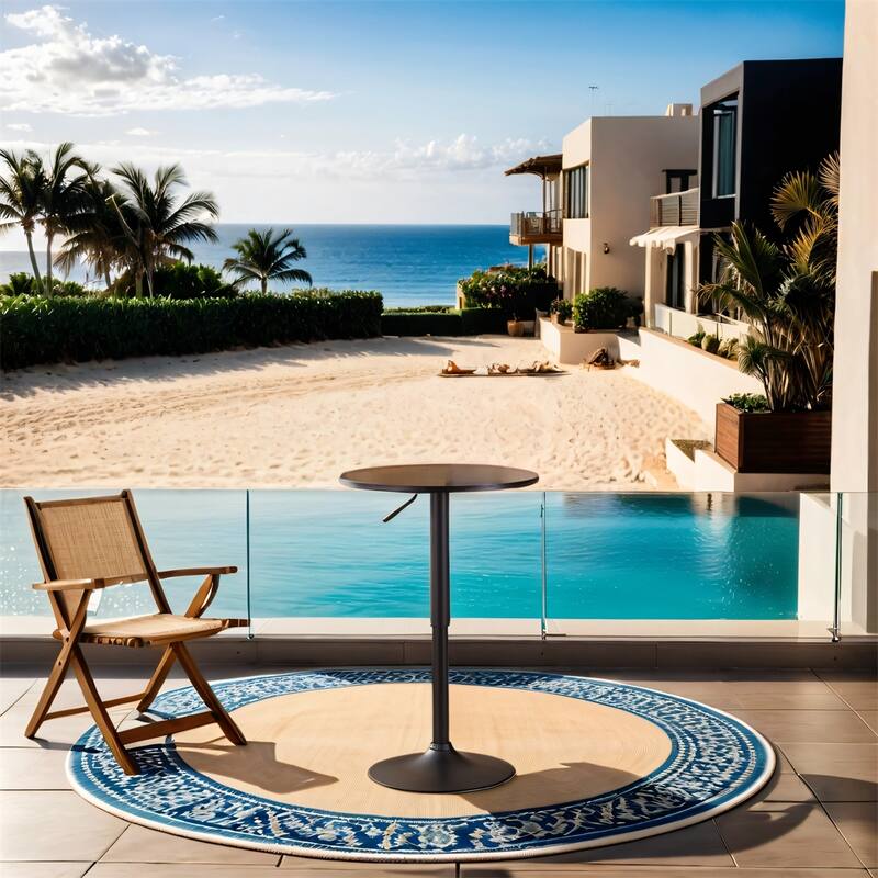 Black Round Top Adjustable Height with Black Leg and Metal Bar Table - Black