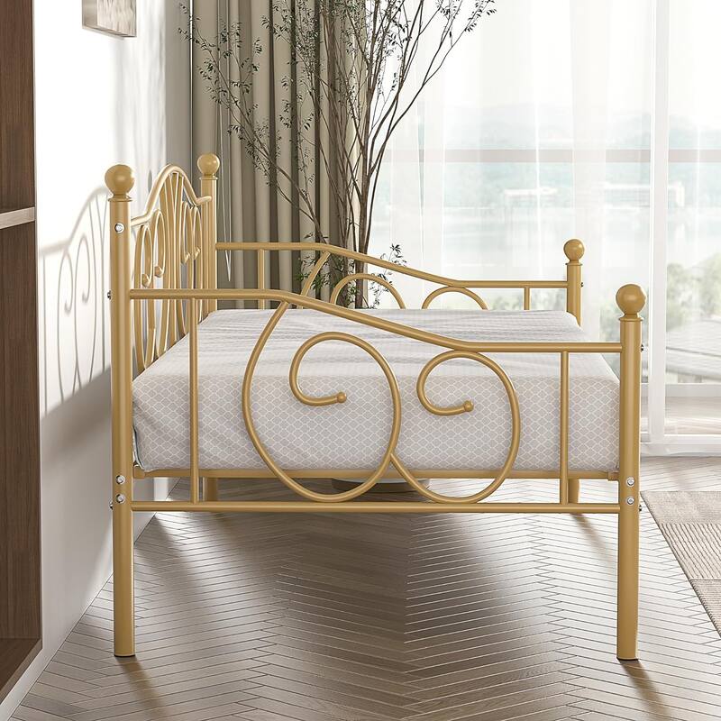 VECELO Metal Twin Size Daybed with Roman Column Legs Scroll Design Heavy Duty 350 lbs Capacity Sofa Bed for Living Room