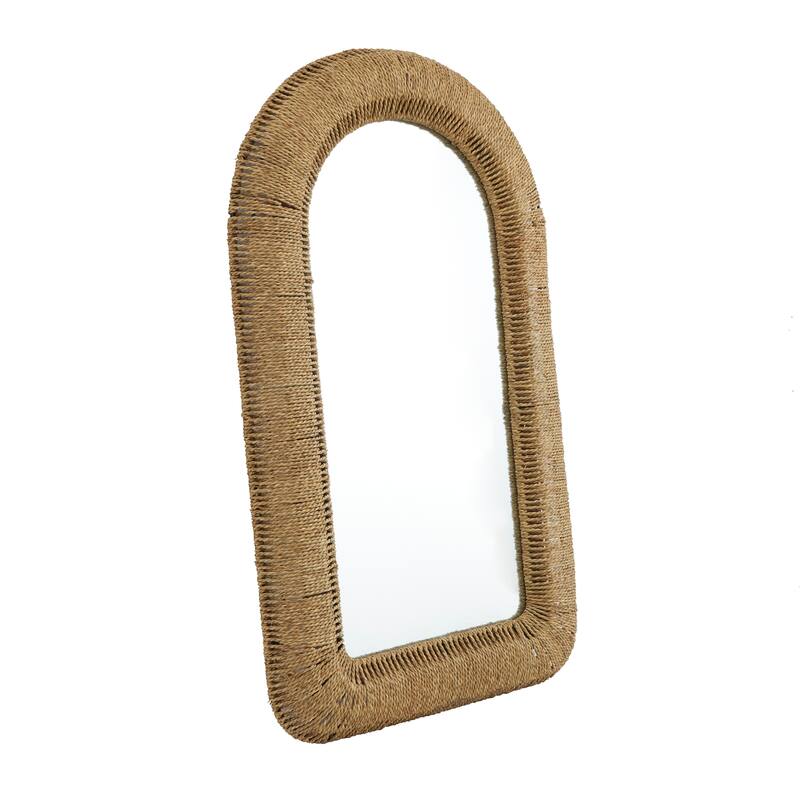 Brown Rattan Woven Room Wall Mirror with Arched Top - 27 x 3 x 48