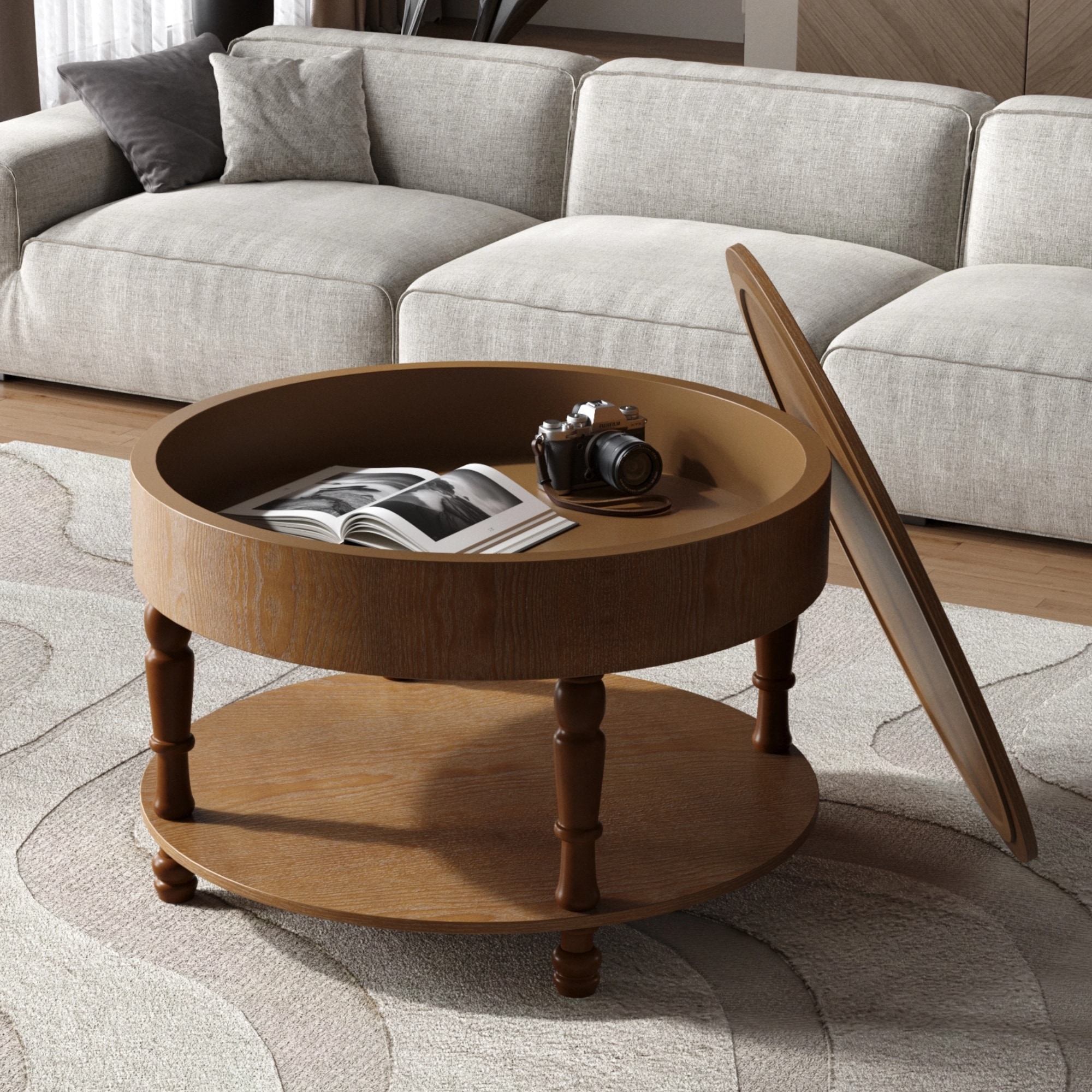 GDFStudio - Modern Living Room 31.5" Round Wood Coffee Table with Dual Storage & Hidden Compartment