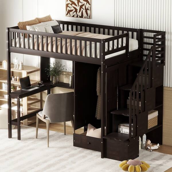 slide 2 of 54, Multifunctional Design Loft Bed with Bookshelf, Drawers, Desk and Wardrobe, Twin size Espresso
