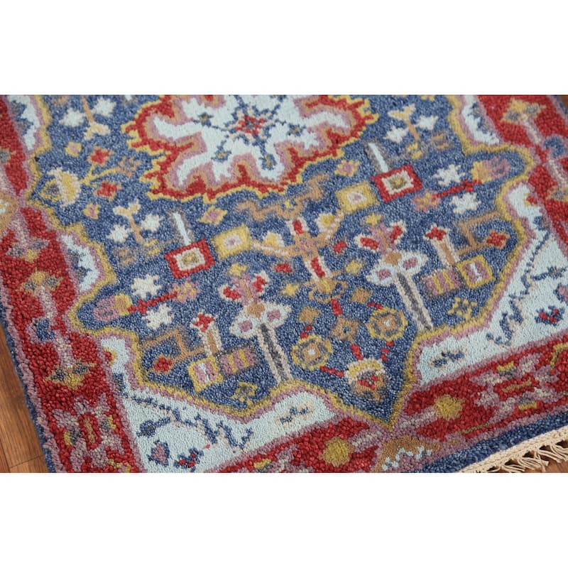 Blue Geometric Kazak Indian Accent Rug Hand-Knotted Wool Carpet - 2'0"x 3'0"