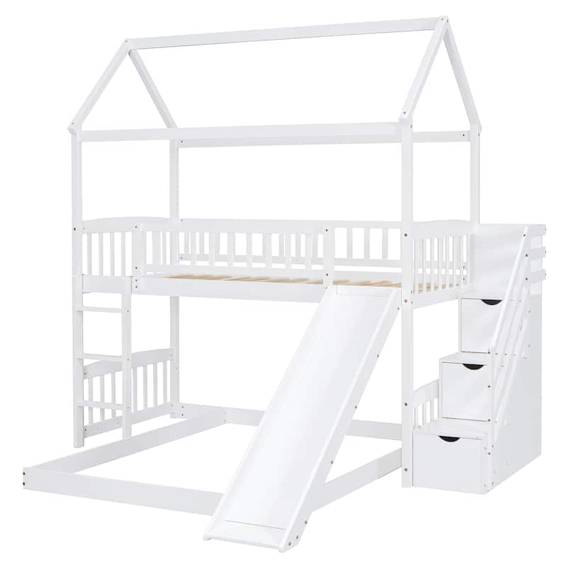 Twin over Twin Pine Wood Bunk Bed with Two Drawers and Slide