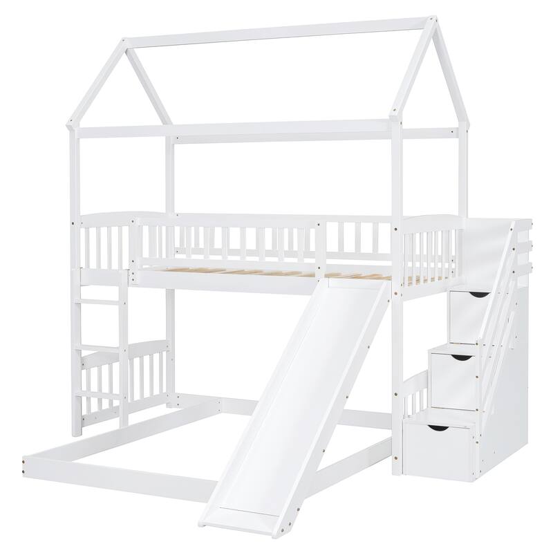 White Twin Over Twin Pine House Bunk Bed with Drawers and Slide
