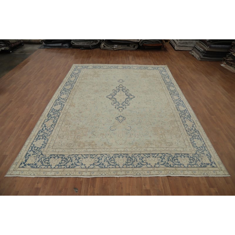 Hand Knotted Oriental 100% Wool Carpet Traditional Floral Navy Blue & Blues Kerman Area Rug - 13' 0'' X 9' 9''