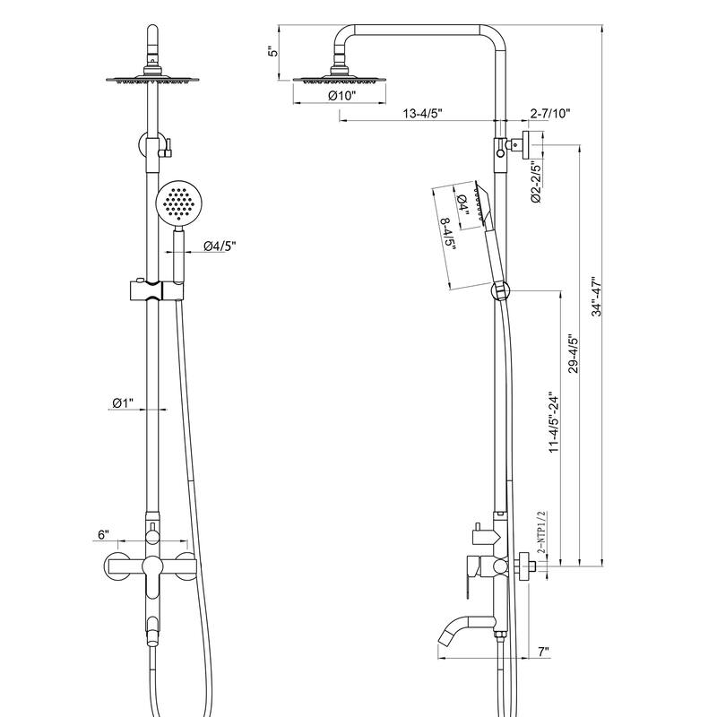 47"H 3-Function 304 Stainless Steel Wall-Mounted Outdoor Shower with Footwash