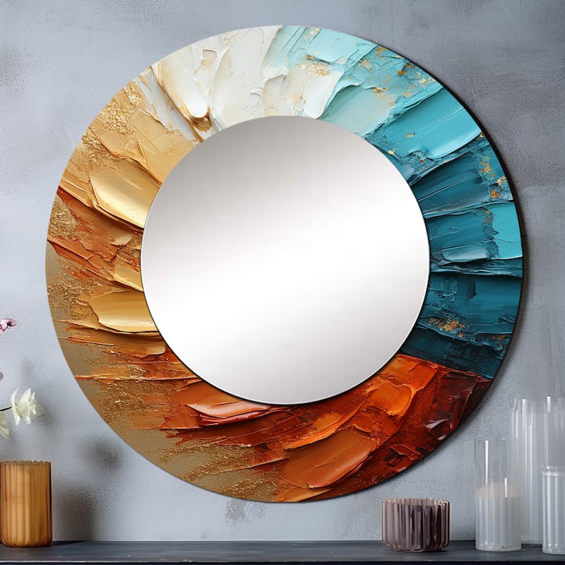 Designart "Gold Blue Desert Mirage Spiral" abstract spirals Round Office Mirror - gold Modern Mirror For Wall Décor