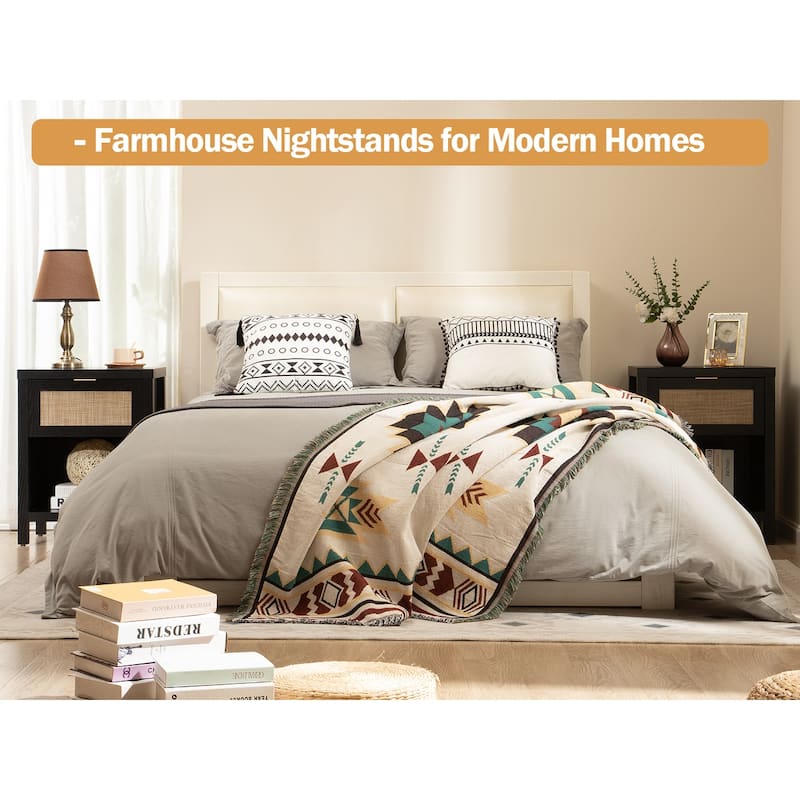 SICOTAS Farmhouse Rattan Nightstand with Drawer and Storage Shelf