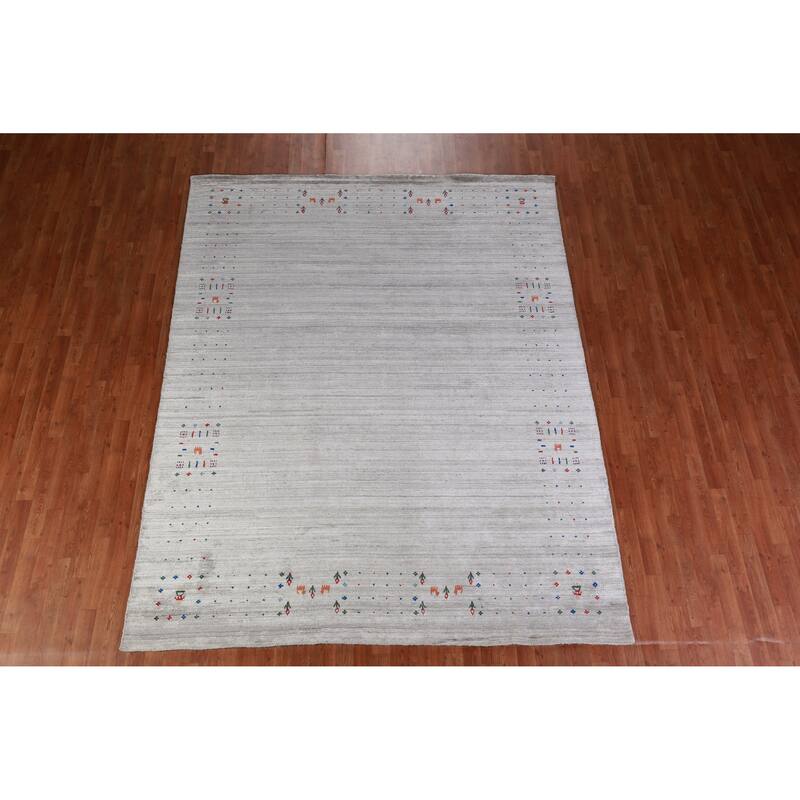 Hand Knotted Oriental Viscose Silk Carpet Tribal Stripe Greys & Charcoal Gabbeh Area Rug - 9' 11'' X 7' 10''